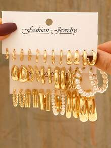 36件套时尚简约优雅复古几何结饰仿珍珠方形多层扭曲粗犷光滑简约金属C形耳环套装，适合假日、派对、约会、日常佩戴 - 金黃色 - 查看 7