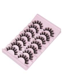 7 Pairs Cartoon Style, Natural Faux Mink, Transparent Band, Y2K Style, 3D Long Cat Eye, Natural Thick Eyelash Extensions, Makeup Tools - Black - View 3