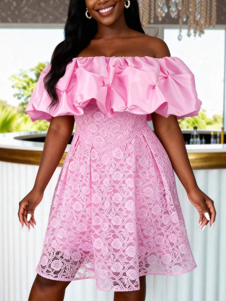 AOMEI Pink Chic Women Lace Mini Dress Floral Off Shoulder Ruffled Puff Sleeves High Waist A Line Wedding Guest Birthday Party Dresses - Pink - View 1