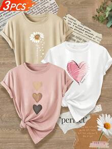 3 pièces/set T-shirts à manches courtes et col rond décontractés pour femmes - motif imprimé, tissu doux et confortable, lavable en machine, hauts d'été - Multicolore - Voir 3