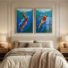2pcs/Set Women's Red Swimsuit Wall Art Poster, Minimalist Ocean Decor, Modern Blue Water Art, Summer Pool Print, Beach House Decoration - Style a - View 3