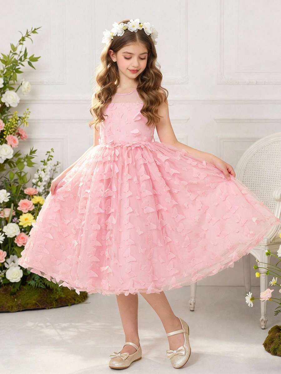 1pc Tween Girls Mesh Patchwork Sundress, Butterfly Mesh Racerback Dress, Summer - Pink - View 1