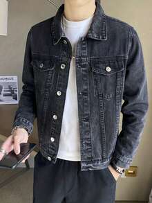 Áo khoác denim nam mùa xuân/thu mới, áo khoác ngoài denim màu đen xám thời trang thường ngày, phong cách đường phố. - màu đen - Xem 3