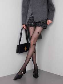 Quần tất nữ đính ngọc trai hình trái tim 3D, quần tất đen cá nhân hóa, quần skinny co giãn gợi cảm. - màu đen - Xem 3