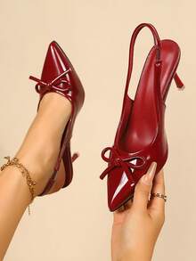 女士高跟鞋，春季新款尖头高跟鞋，性感黑色漆皮单带细高跟凉鞋，二合一鞋款，高跟鞋，时尚蝴蝶结优雅女士鞋 - 酒紅色 - 查看 1