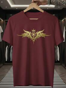 Stylish Men's/Women's/Unisex Printed T-Shirt With Cross, Angel, And Wings In Gold, Premium Knit, Short Sleeve, Round Neck, 100% Cotton - 勃根地 - 查看 2