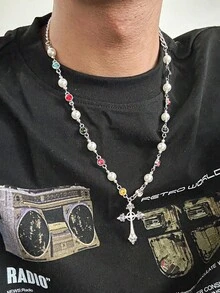 1件男士复古朋克十字架吊坠项链，配水钻链，适合作为节日礼物 - 白K - 查看 4