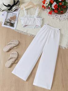 2pcs/Set Girls Casual Vintage Floral Print Camisole & Pants Set, Spring/Summer - White - View 2