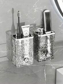 Luxury Silver Wall Mounted Toothbrush Holder, Water Ripple Acrylic Organizer, 2-In-1 Storage Rack For Toothpaste, Comb & Brushes, Punch-Free Bathroom Caddy - Multicolor - View 4