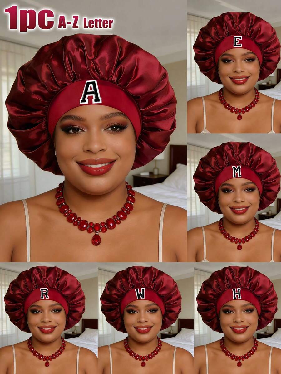 1PC Satin Sleep Bonnet With 26 Customizable Letters, Adjustable Wide Elastic Band, Gentle On Hair, Reduces Friction & Prevents Damage, Fits Curly And Straight Hair - Wine Red - View 1