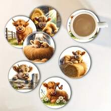 Bộ 6 đế lót ly bằng gỗ tròn in 2D hình bò cao nguyên, thích hợp cho sân hiên, nhà bếp, phòng khách, các buổi họp mặt gia đình, trang trí bàn ăn, quà tặng cho bạn bè và gia đình vào các dịp lễ, thích hợp cho Ngày Valentine, đám cưới, sinh nhật, phụ kiện trang trí nhà cửa cho tiệc tùng, món quà tuyệt vời nhất dành cho bạn bè. - Nhiều màu B - Xem 4