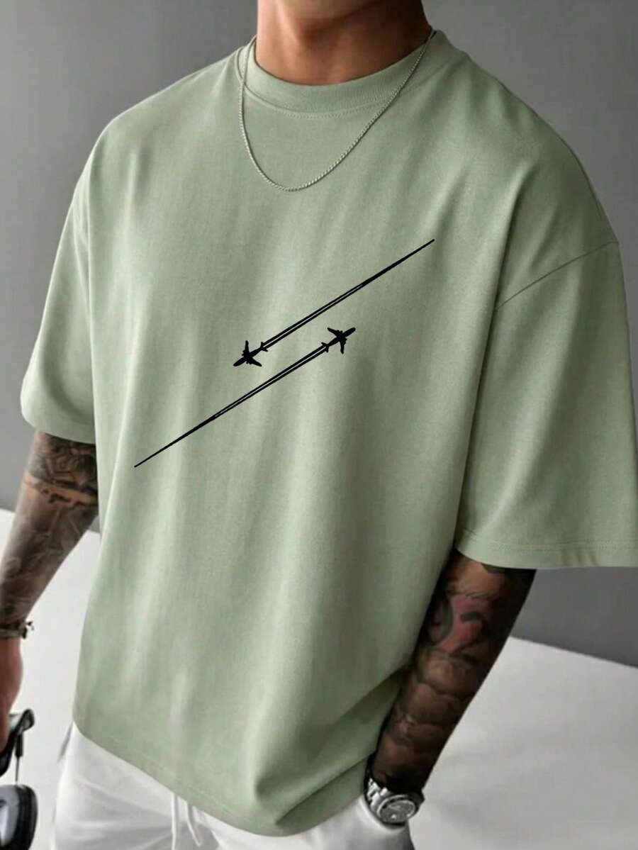 Simple Studio | 男士极简印花短袖T恤 | 适合夏季穿着 | 舒适透气 | 时尚 - 橄欖綠 - 查看 1