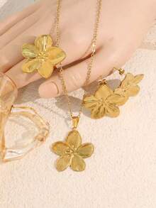 4pcs/Set Plumeria Earrings, Ring, Necklace Jewelry Set, Luxury Retro Elegant Necklace Set - Yellow Gold - View 2