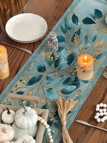 1pc Peacock Blue & Gold Leaf Pattern Table Runner, Featuring Botanical Leaf Print - Polyester Fabric, Suitable For Dining Table, Wedding, Party, Restaurant - Luxury Bordered Decor - Blue - View 2