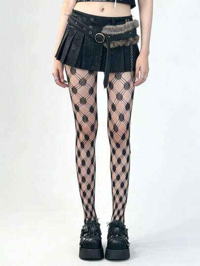 1 par de medias de rejilla góticas y punk para mujer, con patrón de cuadrícula de diamante negro, pantimedia de malla de alta elasticidad para festivales y ropa de calle
