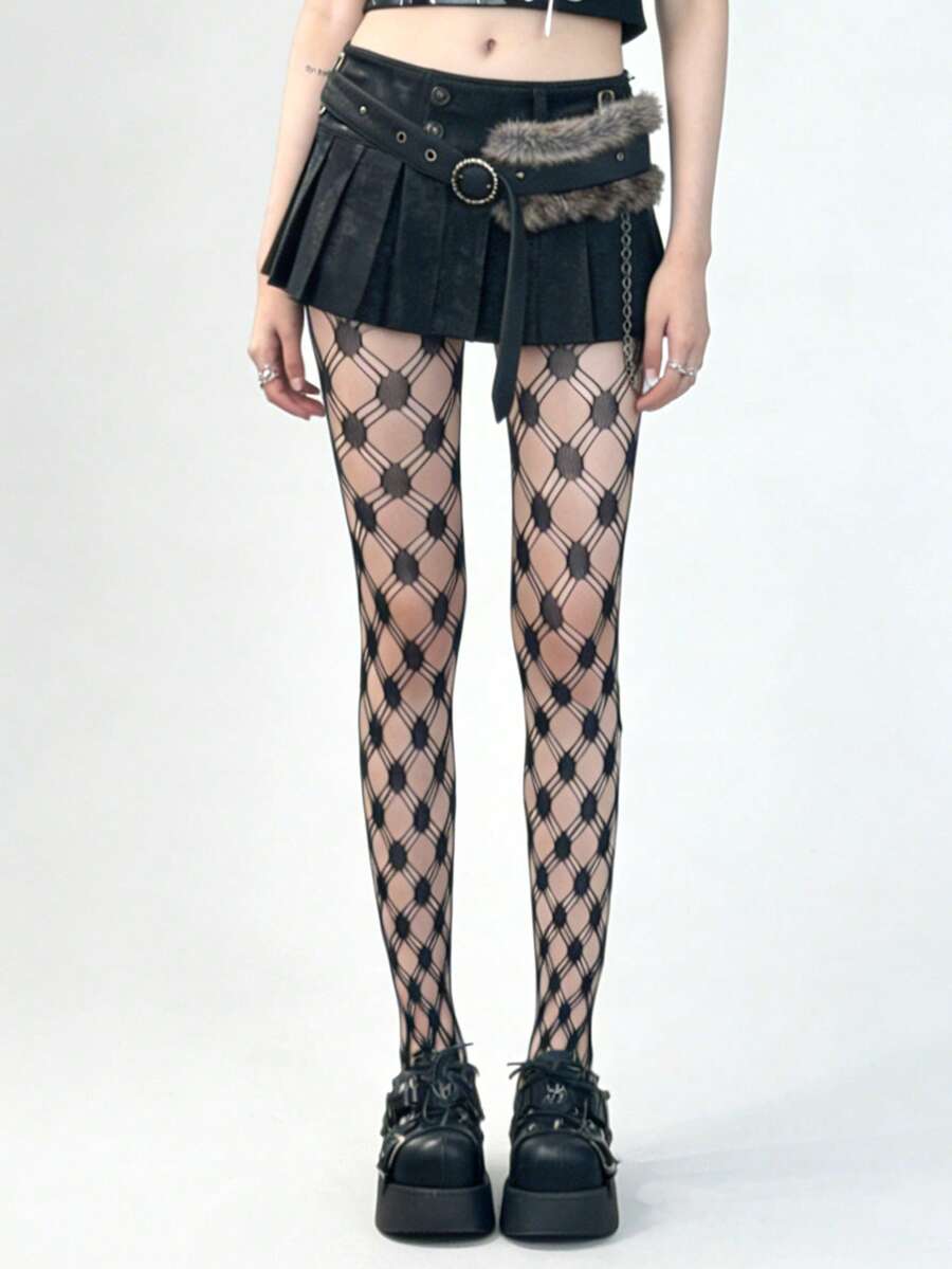1双女士哥特朋克风渔网袜，黑色菱形网格图案，高弹力网眼连裤袜，适合音乐节和街头服饰 - 彩色 - 查看 1