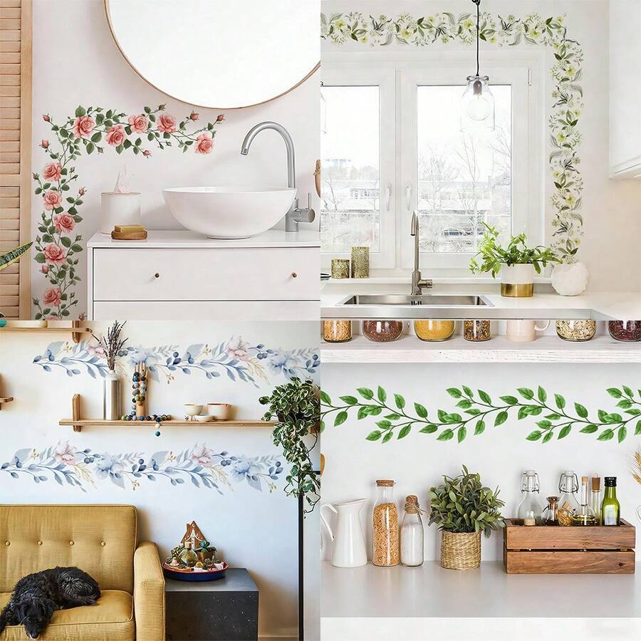 1/4 Set Floral Leaf Wall Border Stickers, Waterproof Self-Adhesive Removable Decorative Stickers For Kitchen, Bathroom, Living Room Baseboards, Home Decor DIY Wall Mural - Green Leafy Flowers - View 1