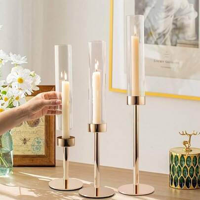 Bộ 6/3 chân nến thủy tinh mạ vàng sang trọng, chống gió, chân nến hình nón bão với đế thủy tinh và đồng thau có thể tháo rời, chân nến hình trụ mờ hiện đại dùng làm vật trang trí trung tâm bàn, trang trí ngoài trời cho đám cưới, Giáng sinh, hoàn thiện mạ dầu, đế kim loại để bàn.