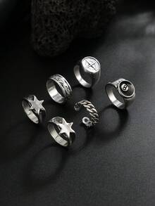 6件套台球、五角星、十字架设计戒指 - 青少年时尚饰品 - 銀色 - 查看 6