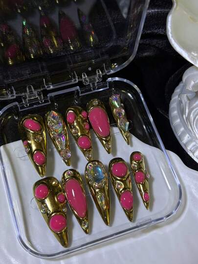10pcs Y2K Nails High-Heeled Style Press On Nails Set - Handcrafted, Glow In The Dark,Golden &Pink Nails, Multicolour Style Nails, Golden Cat Eye, Hand Drawn 3d Golden Pattern, Sparkling Rhinestone Accents - Perfect For Parties & Casual Attire,Perfect Holiday Gift For Women And Girls, Includes Tool Kit. Long Nails.