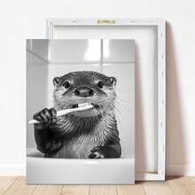 1pc Framed Canvas Wall Art, Interesting Otter Brushing Teeth Design, Vintage Bathroom Wall Decor, Minimalist Wall Decoration, Modern Art, Contemporary Home Decor, Living Room Wall Art, Fashion Art, Room Decoration, Dorm Decor, Bedroom, Bathroom, Home Decor, Office, Retro Poster, Dining Room, Aesthetic Art, Gift For Friends, Housewarming Gift, Party Decoration - Multicolor - View 4
