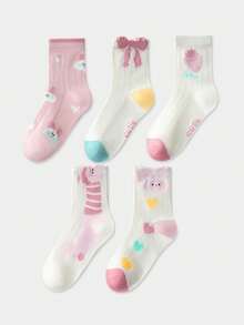 5双儿童袜子，卡通粉色蝴蝶结图案，女童幼儿袜，百搭日常休闲穿搭，心形和兔子图案 - 彩色 - 查看 4