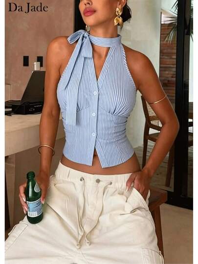 Da Jade Top de camisola de rayas azules y blancas, delicado y romántico, con un estilo dulce y puro, de piel brillante y juvenil, suave y encantador, adecuado para citas de verano, reuniones con la novia y cenas a la luz de las velas