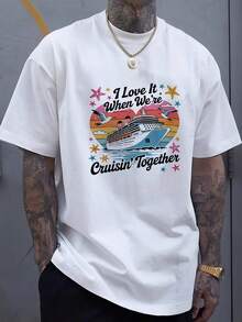 Camisetas de verano para hombre y mujer con estampado de crucero: "El tiempo en un crucero es maravilloso". Diseño náutico adornado con motivos de cruceros y palmeras tropicales. Suave, transpirable, de manga corta y cuello redondo, perfecta para vacaciones de verano, fiestas en la playa y para usar en cruceros. Un look casual con temática de crucero. Camiseta de algodón. - Blanco - Ver 2