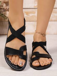 New Slip-On Flat Sandals With Elastic Cross Straps, Comfortable Non-Binding Design, Solid Black Commuter Slides For Women - Black - View 3