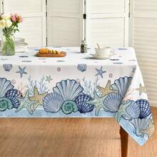 Rectangular Blue Watercolor Seashell & Seaweed Washable Seasonal Tablecloth, Suitable For Party, Picnic, Dinner Decoration - Dusty Blue - View 7