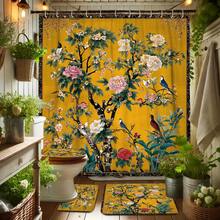 1/4pcs Chinese Style Retro Floral & Bird Printed Shower Curtain Set, Includes Shower Curtain, Bathroom Rug, Toilet Seat Cover, Machine Washable, With 12 Hooks - A - View 2