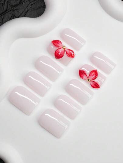 10pcs Y2K Handmade Square Nail Tips, Carved Floral Design, Pure White Color, Suitable For Women And Girls, Fit For Party, Dance, Daily Wear, Includes Nail Tools, Can Be Gift For Ladies