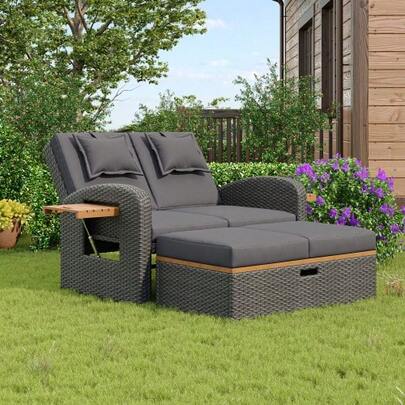 Garten-Lounge-Sessel-Set Für 2 Personen, Graues Rattan, Verstellbare Rückenlehne, Stützfuß, Mit Fußhocker Oder Als Outdoor-Bett Nutzbar, Mit Rückenkissen Und Sitzkissen (Previous Sku:HW24020AAA)