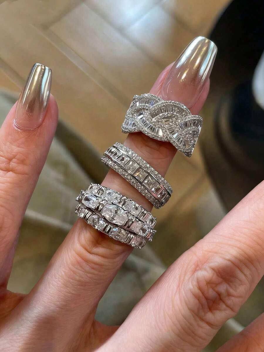 1 chiếc nhẫn bạc hai lớp đính đá Zirconia, kiểu dáng hở, thích hợp đeo hàng ngày, có thể đeo chồng lên nhau, là món quà trang sức dành cho nữ. - Bạc - Xem 1