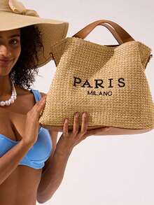 草编包 海边度假沙滩包 女款字母刺绣大容量手提包 夏季单肩斜挎包 - 卡其色 - 查看 1