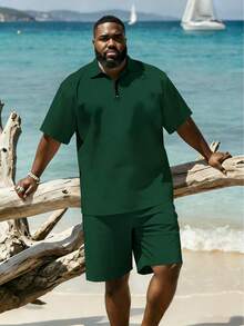 Plus-Size Men's Clothing, Men's Summer Short-Sleeved Shorts Plus-Size Polo Suit, Solid Color Casual Versatile. - Olive Green - View 1