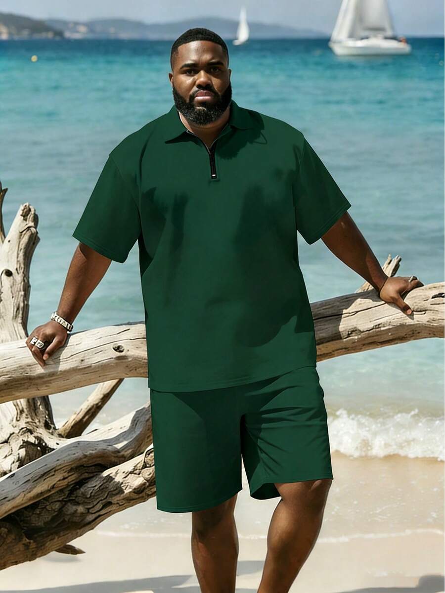 Plus-Size Men's Clothing, Men's Summer Short-Sleeved Shorts Plus-Size Polo Suit, Solid Color Casual Versatile. - Olive Green - View 1
