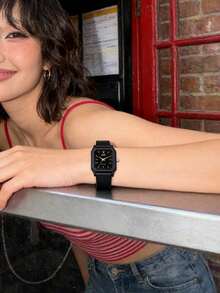 Casio Women's Quartz Watch, Minimalist Square Black Resin Case And Strap, Black Dial With Gold Hands And Bar Markers, Thin And Fashionable Retro Y2K Style For Daily Wear - Black - View 4