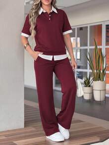 Bộ 2 món dành cho nữ, áo thun tay ngắn cổ polo và quần ống rộng cạp chun, áo polo màu đỏ tía phối cổ tương phản với quần ống rộng, thích hợp cho các hoạt động thể thao ngoài trời, tập thể dục, đi làm, mặc thường ngày vào mùa xuân và mùa hè. - Màu Đỏ Sâu - Xem 1