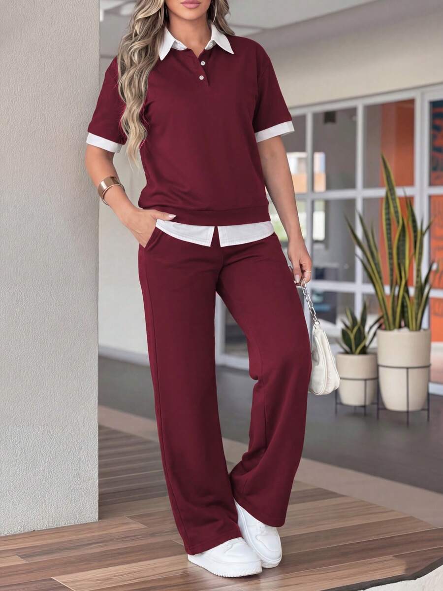 Bộ 2 món dành cho nữ, áo thun tay ngắn cổ polo và quần ống rộng cạp chun, áo polo màu đỏ tía phối cổ tương phản với quần ống rộng, thích hợp cho các hoạt động thể thao ngoài trời, tập thể dục, đi làm, mặc thường ngày vào mùa xuân và mùa hè. - Màu Đỏ Sâu - Xem 1