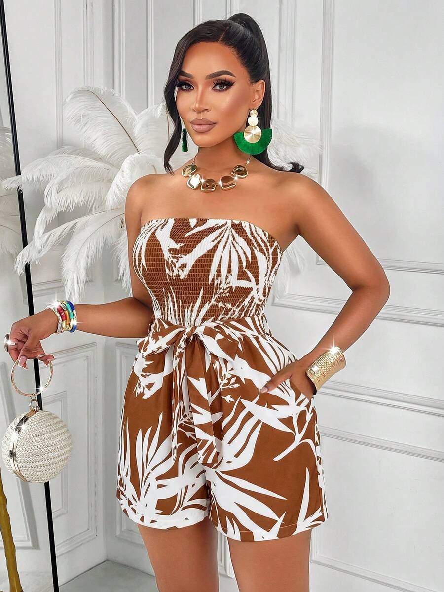 AIJ Bộ jumpsuit cúp ngực gợi cảm và thanh lịch dành cho nữ, họa tiết hoa ngẫu nhiên, thích hợp cho kỳ nghỉ hè. - màu nâu - Xem 1