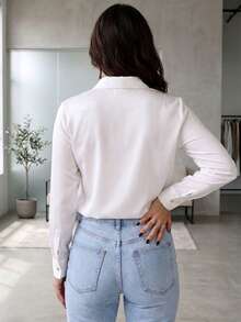Women's Long-Sleeved Dress Shirt With Buttons - Basic, Comfortable, And Elegant - trắng - Xem 3
