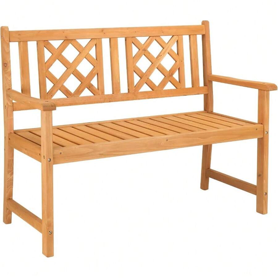 Wooden Garden Bench, Outdoor Wood Patio Bench, Rustic Two Person Loveseat Chair W/Armrest For Porch Poolside Park Backyard Balcony, Capacity 605Lbs, Grid Backrest - Natural - View 1