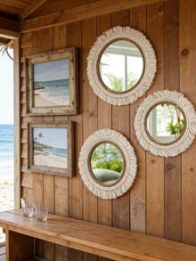 1pc Handmade Acrylic Woven Wall Mirror - Bohemian Style Round Mirror With Tassel Decor, Rustic Natural Wall Decor Suitable For Living Room, Bedroom Or Bathroom, Perfect For Spring/Summer Home Decor, Mother's Day Gift, Room Decoration, Garden Decor, Wedding Decor And Home Decoration. - Beige - View 3