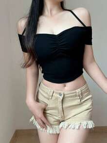 Sexy Off Shoulder Cropped Top, Unique Delicate Spaghetti Strap Clavicle Short Sleeve T-Shirt Black Summer - Black - View 2