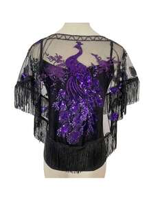 1件女士亮片装饰晚宴披肩，复古旗袍正式礼服配饰，轻盈串珠小斗篷 - 彩色 - 查看 17