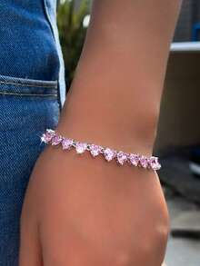1 chiếc vòng tay hình trái tim tuyệt đẹp đính đá Cubic Zirconia màu hồng, mạ bạc, thích hợp cho nữ dự tiệc đính hôn/cưới, có kèm dây nối dài. - Hồng - Xem 3
