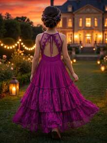 Tween Girls' Spaghetti Strap Holiday Dress With Hollow Back & Lace Details - Purple - View 6