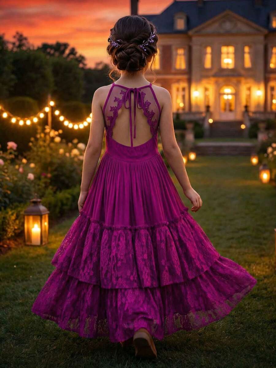 Tween Girls' Spaghetti Strap Holiday Dress With Hollow Back & Lace Details - 紫色 - 查看 1