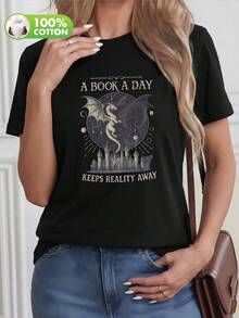 Fantasy Dragon City "Daily Good Book" Pattern Short Sleeve T-Shirt - Vintage Style, Dedicated To Book Lovers | Women's Pure Cotton T-Shirt - Black - View 4